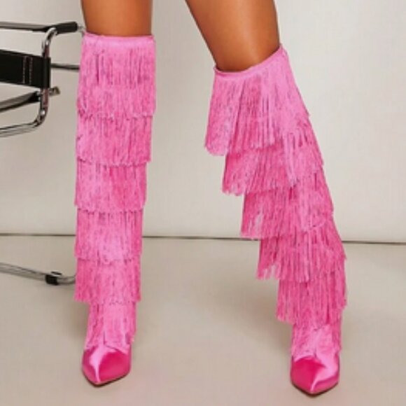 Gogo Fringed Thread Tassle OTK Thigh High Pink Satin High Heel Boots - Picture 9 of 14